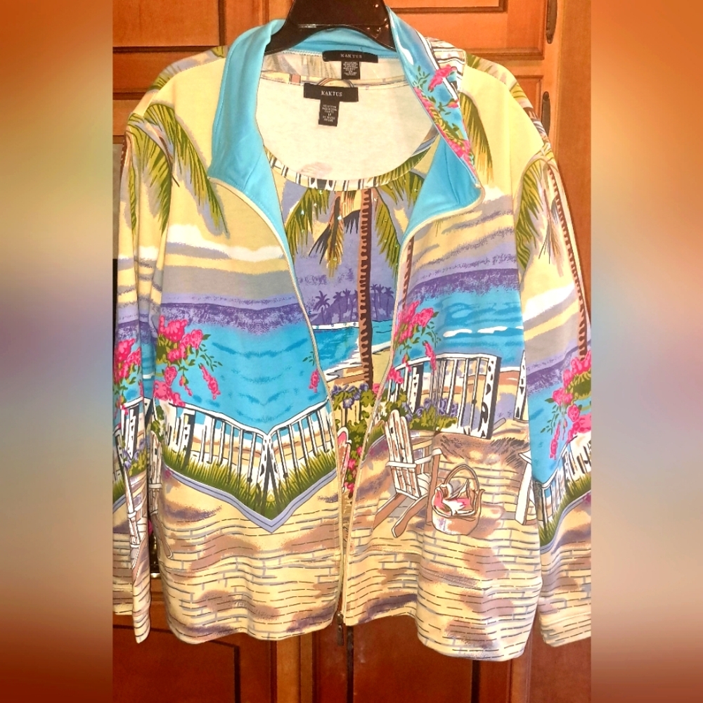 Kaktus Tropical Print Zip Front Jacket in Blue, Green, Pink, Cream